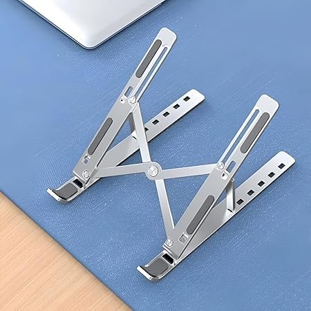 Image of Portable Laptop Stand Adjustable Height | Foldable Aluminum Laptop Holder with Anti-Slip Base & Heat Dissipation | Ergonomic Notebook Stand for MacBook, HP, Dell, Lenovo (10-17 Inch, Gray)