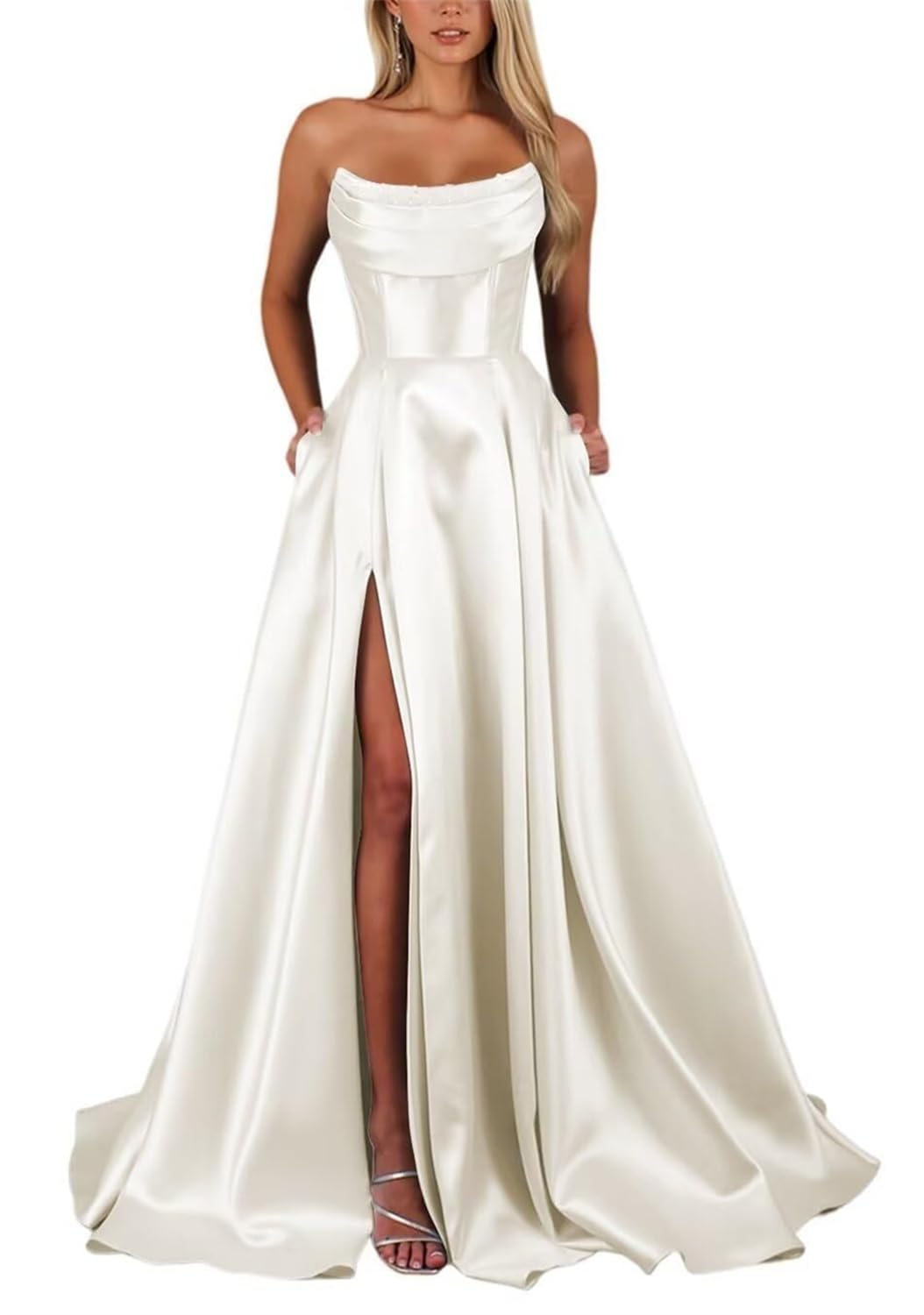 KIYNE Ivory Satin Prom Dresses for Teens with Slit Plus Size Sleeveless Long Ball Gown Strapless Graduation Party Dress UK22