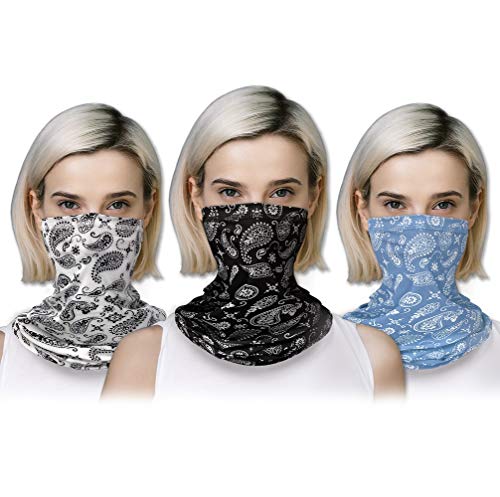 Unisex Paisley Themed Reusable Washable Face Bandana Protective Covering Biking Hiking Camping Outdoor (3 Pack, Set of 3 (White/Black/Light Blue))