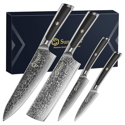 Image of Sunnecko Damascus Kitchen Knife Set 4 Piece, Sharp Chef Knife Set Professional Kitchen Knives Sets Full Tang with Gift Box