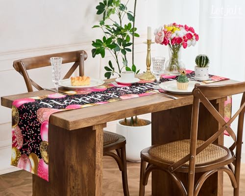 Image of Letjolt Golden Rose Pink Balloon Happy Birthday Table Runner 72 Inches | Linen-Like Fabric, Celebrate Birthday Party Table Decor