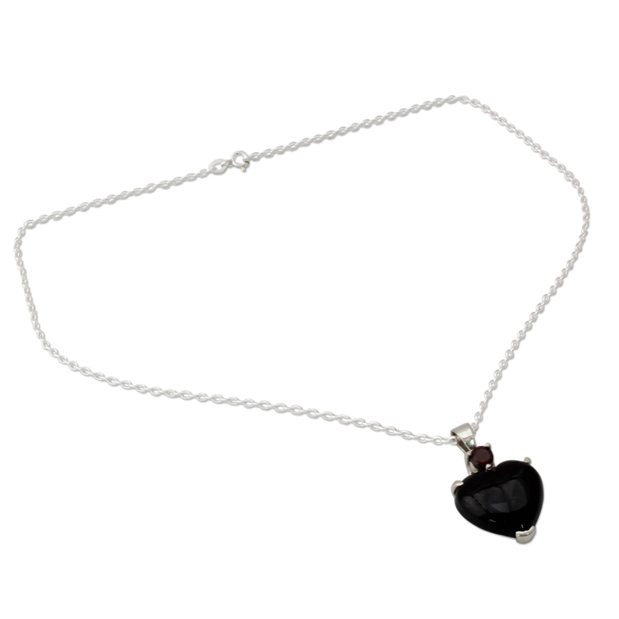 NOVICA Artisan Handmade Onyx Garnet Heart Necklace Sterling Silver Red Pendant India Birthstone [17.75 in L 1 mm W Pendant(s) 1.3 in L x 0.8 in W x 0.2 in D] ' Goth Love'