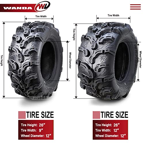 WANDA Set of 4 New Premium ATV/UTV Tires 26x9-12 Front & 26x12-12 Rear /6PR Super Lug Mud