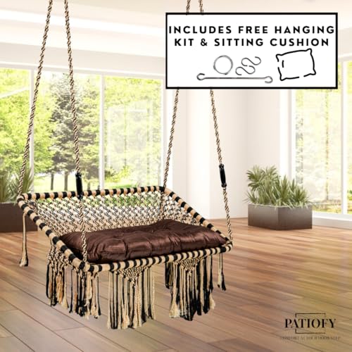 Image of Patiofy Premium Large Double Seater Swing Hanging Hammock Swing Chair for 2 People /Jhula for Adults / 2 Seater Swing for Balcony /Includes Free Hanging Kit & Cushion (Brown-Golden)