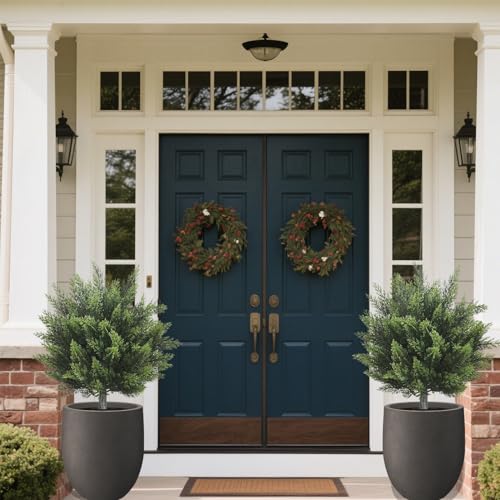 Artificial Topiary Cedar Tree 28 inch Faux Little Bush Cedar Tree UV Resistant Shrub Potted Artificial Plant for Outdoor Indoor Front Porch Garden (2 Pack)