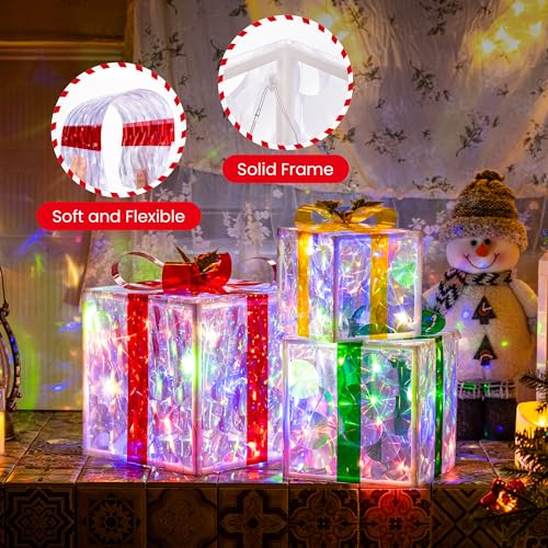 Set of 3 Christmas Lighted Gift Boxes,8 Light Modes Light Up Present Boxes Christmas Decorations for Indoor Outdoor Porch Yard Tree Holiday Decor(Color Changing) - Image 6