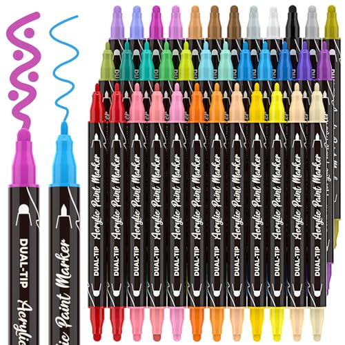 ANYUKE Lot de 36 marqueurs acryliques imperméables à double pointe pour papier, bois, verre, céramique, toile, œufs de Pâques, stylos acryliques pour enfants et adultes
