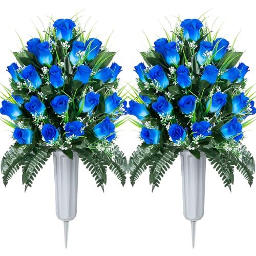 Artificial Cemetery Flowers, Grave Decorations Roses, Memorial Flowers Bouquet with Cemetery Vase, 2 Sets (Pure Blue) image 4