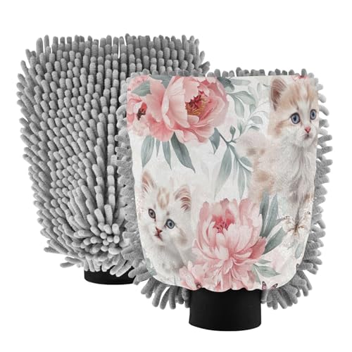 Kigai Cute Mischievous Cat Car Wash Mitt Microfiber, 2Pcs Scratch Free Lint-Free, Premium Chenille Microfiber Mitt Car Wash Brush-M