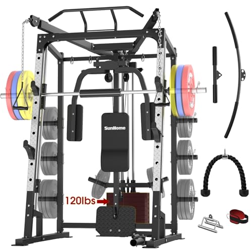 Smith Machine with 120LBS Weight Stack, Power Cage Squat Rack with Smith Bar, Two LAT Pull-Down Systems, Cable Crossover Machine and and More Cable Attachment for Home Gym