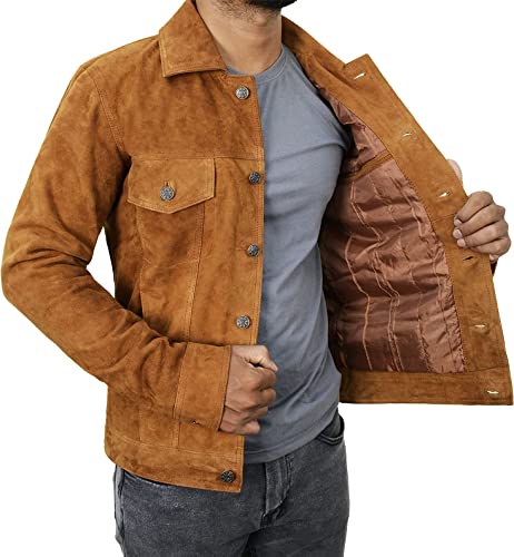 Image of Mens Premium Brown Suede Leather Trucker Jacket - Vintage Classic Motorcycle Western Goat Leather Coat