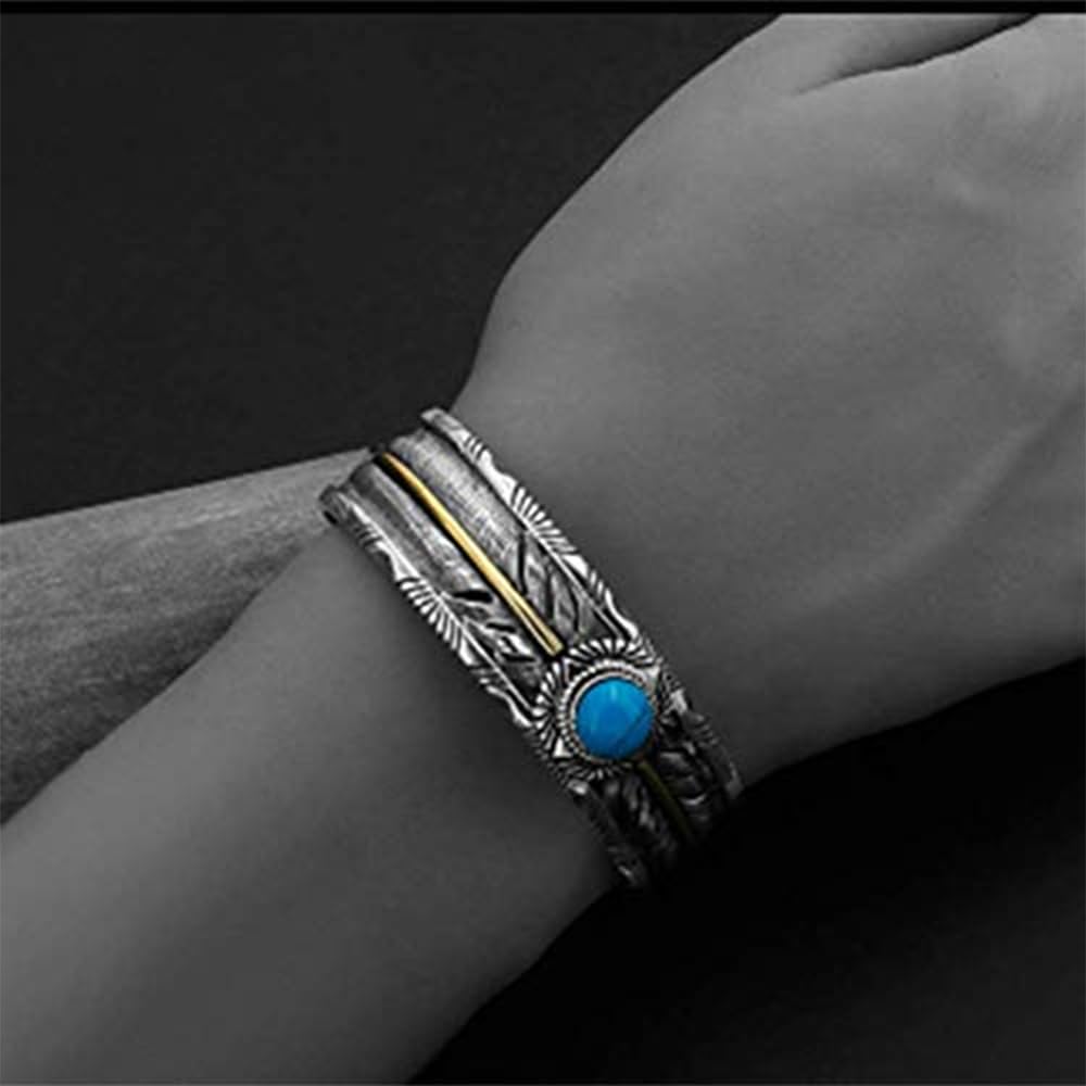 Herren Feather Open Armreif mit Türkis Indianer Breite Feder Silber Ethnic Armlet Vintage Armmanschette