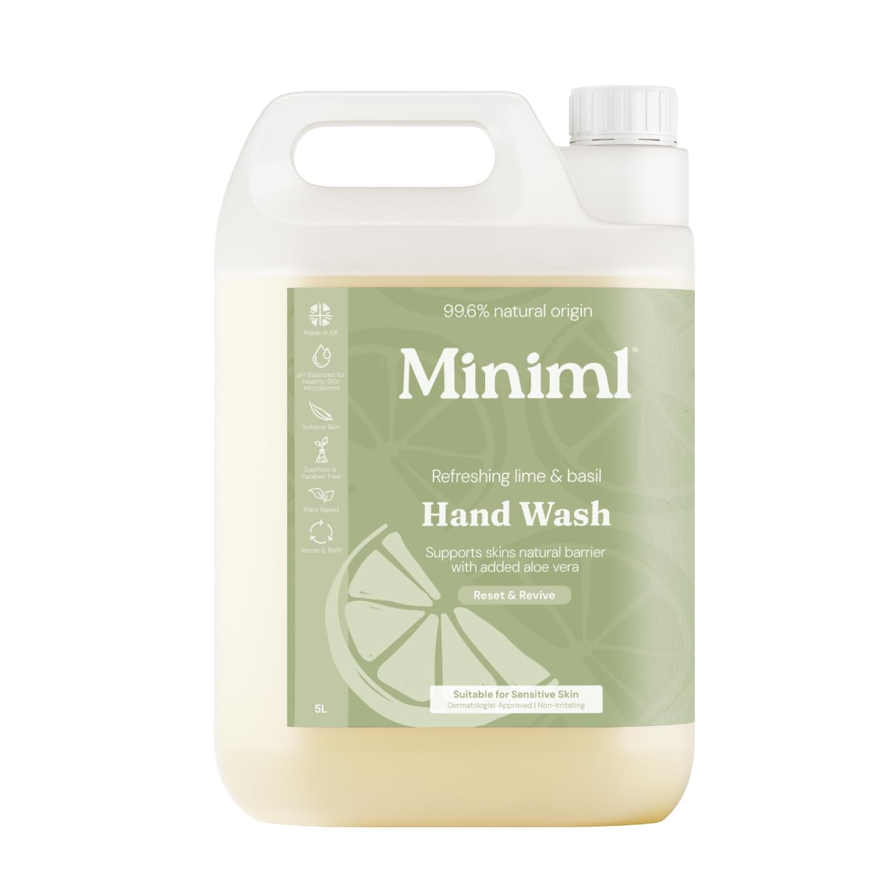 Miniml Hand Soap Wash Liquid 5L Refill - Lime, Basil & Mandarin Infused Hand, Skin & Body Wash Gel for Soft and Sensitive Skin Care - 100% Vegan & Cruelty Free