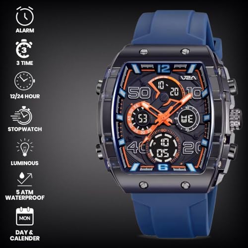 Image of V2A Impact-AXON 3103 Analog-Digital Watch for Men | Unique Tonneau Case & Multi-Layered Dial Design | Bold Fashion Performance Watch with 3 Time Zones, Countdown, 50M Water Resistance & Backlight