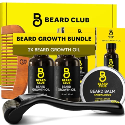 The Beard Club Enhanced Beard Growth Kit - Derma Roller, Beard Growth Oil (2PK), Sandalwood Beard...