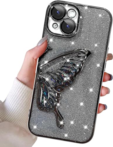 Image of SHINESTAR 3D Butterfly Case for iPhone 14, Cute Girly Glitter Bling Luxury Back Cover for Women Girls Protective Shockproof Slim Camera Protection (for iPhone 14 - Black