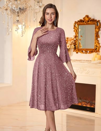 Image of HomRain Women's Church Dresses Modest Bell Sleeve Wedding Guest Cocktail Tea Party Vintage Evening Dress