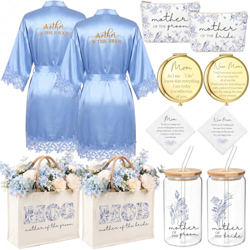 Image of Hushee 12 Pcs Mother of the Bride Groom Gift Set: Satin Robes for Women Tote Bags Makeup Bags 16oz Glass with Straws Handkerchiefs Mirrors for Mom Bridal Shower Wedding Gifts (Blue,Rose)