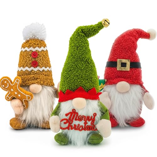 Christmas Gnomes Set of 3 Scandinavian Tomte Plush Tabletop Decorations Brown Green & Red Weighted Bottom Bendable Hat (Green) Holiday Shelf Sitters for Mantel Tiered Tray Entry Table