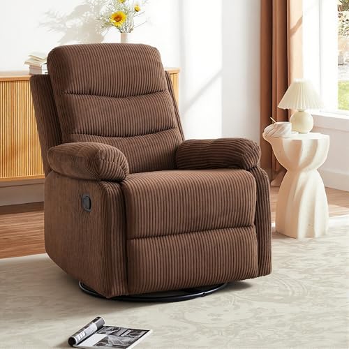 Image of Rocking Recliner Chair,Modern Swivel Glider Recliner Chair,Corduroy Fabric Upholstery Recliner,Manual Reclining Sofa Chair for Living Room,Office,Apartment (Brown)