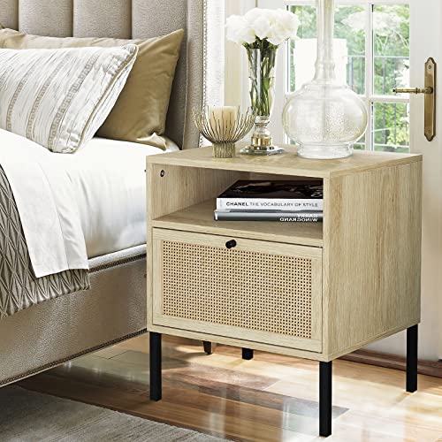 Recaceik Nightstands Set Of 2, Rattan Bedside Tables Set Of 2 Side Tables End Tables Night Stands For Bedrooms Living Room, Rattan Small Nightstand With Open Storage & Solid Metal Legs, Natural #TOP1
