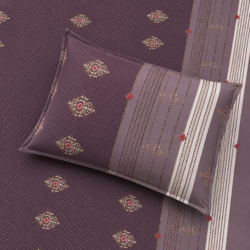 Image of 300 Tc Cotton Feel Glace Cotton Elastic Floral Fitted Bedsheets Queen Size 78 X 60 Inches||1 Elastic Bedsheet Queen Size Cotton&2 Pillow Covers(Vegas),Grey
