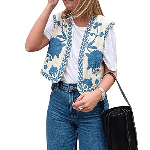 Women Embroidered Floral Vest Top Vintage Sleeveless Linen Open Front Cardigan Cropped Vest Shirt3
