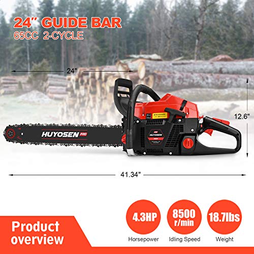 HUYOSEN 65CC 2-Cycle Gas Powered Chainsaw, 24-Inch Chainsaw, Cordless Handheld Gasoline Power Chain Saws for Cutting Trees, Wood, Garden and Farm(6524)