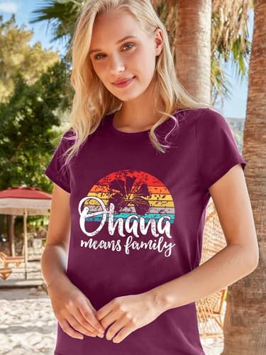 Image of Ohana Means Family Tshirt Women: Hawaii Tropical Graphic T-Shirt Summer Vacation Short Sleeve Tee Top