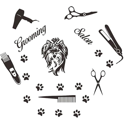 Pet Grooming Salon Wall Sticker - Removable PVC Decals with Animal Designs. Perfect Decor for Pet Store Interior, Featuring Dog Paw, Scissors, Comb, Curling Iron and Hair Dryer. effect 36"x32"