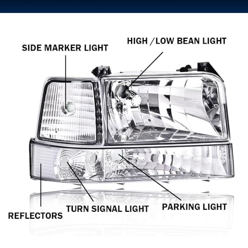 Image of GRAND ORANGE Headlights Bumper Lamps Fit Ford F150 Bronco 1992-1996,Clear | Headlamps w /Corner Signal Lamp,Fit 1992-1997 Ford F250 F350 F Super Duty,1 Pair,Clear Lens Chrome Housing Clear Reflector