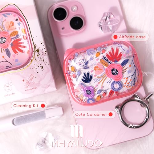 Image of for AirPods Pro 2 Case with Cleaning Kit, Cute Cat Ear Print Design & Cute Buckle for Girls, Phone Holder & Top Safe Lock Buckle Design for AirPods Pro 2nd /1st Gen case, Clear Flowers