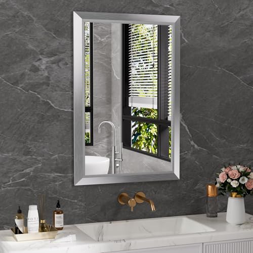 Amorho 24x36 Inch Bathroom Mirror Silver, Thick Metal Framed Wall Mirrors for Over Sink, Brushed Nickel Mirror Perfect for Bedroom, Living Room, Entryway, Rectangle (Horizontal/Vertical).