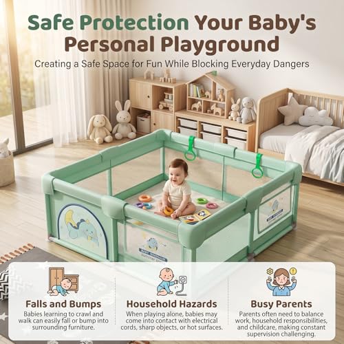 Image of StarAndDaisy Play Pen for Baby for 0-5 Years 180 x 200 cm Baby Play Area Indoor Setup with Safety Lock & Anti-Fall Grasp System | Breathable Play Pen for Kids Indoor - Green
