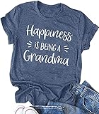 Grandma Shirts for Women Happiness is Being a Grandma Letter Printed Tshirt Grandmother Casual Short Sleeve Tee Tops (Blue-Happiness, XL)