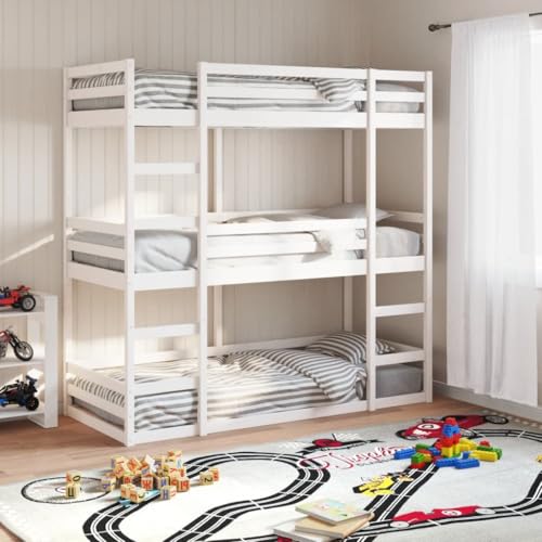 vidaXL Dreifach Etagenbett, Kinderbett ohne Matratze mit Rausfallschutz Leiter, Bettgestell mit Lattenrost, Bett Stockbett Holzbett, Weiß 90x200cm Massivholz Kiefer