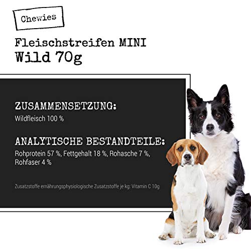 Chewies Fleischstreifen MINI Hundeleckerli aus 100 % Wildfleisch - 70 g - Snack für kleine Hunde - getrocknete Wild Kaustreifen - hypoallergen & getreidefrei - Dörrfleisch von Wildtieren