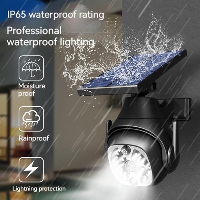 Lot de 2 fausses caméras de sécurité factices et lampes solaires à détecteur de mouvement, lampes solaires 2 en 1 avec télécommande, aspect réaliste, facile à installer, étanchéité IP66