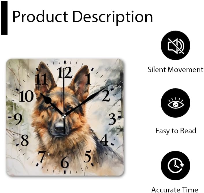 Battery Operated Wall Clocks Watercolor Painting of Elegant German Shepherd in Winter Forest Silent Non-Ticking Decor Clock with Photo for Bathroom,Office(14inch)