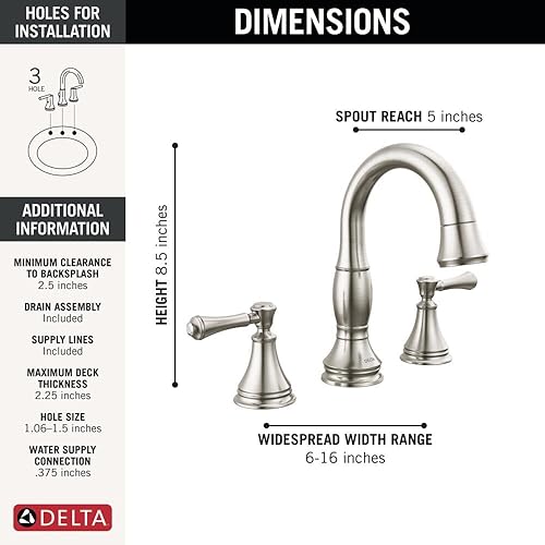 Miniatura 3 de Delta Faucet Cassidy Pull Down Bathroom Faucet, Brushed Nickel Widespread Bathroom Faucet 3 Hole, Bathroom Sink Faucet with Magnetic Docking