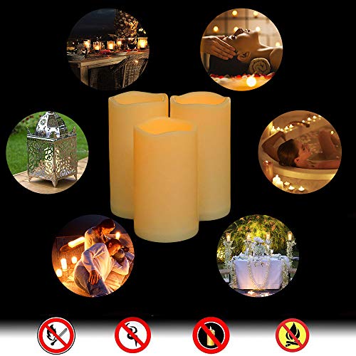 SWEETIME Waterproof Flameless Candles with Timer &Remote Control, Outdoor Battery Operated LED Pillar Candles with Waved Edge Realistic Flickering, Set of 3(D 3"x H 6")