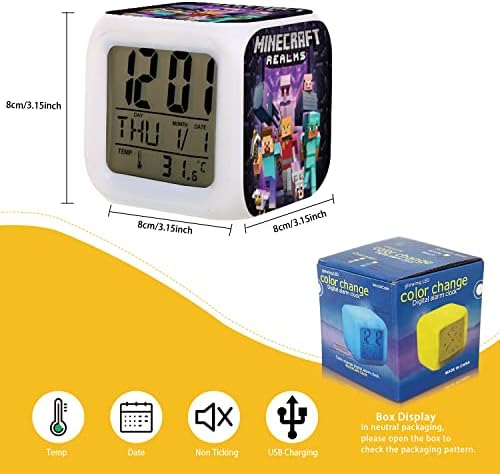 PADIEOE Minecraf Alarm Clock Digital Clock with Temperature Big LED Night Light, Smart Alarm Clock with Charging Cable for Girls Kids Teenagers Gift Bedroom Decor (Black)