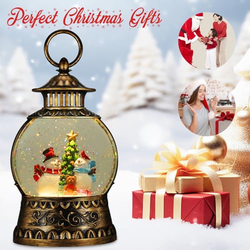 Christmas Snowman Snow Globe, Snowman Musical Snow Globe Lantern Lights with 6H Timer Battery & USB Powered, Retro Style Holiday Glitter Globe for Xmas Home Decoration Holiday Party Gifts