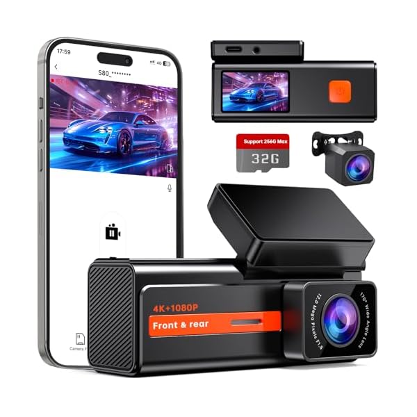 Dash Cam Front and Rear, Veement S80 4k+1080P Dual Dashcam for Cars, WiFi Mini Dash Camera,1.47” Display Car Camera,170°Wide, Night Vision, 24H Parking Mode, G-Sensor, App, 32GB Card Included