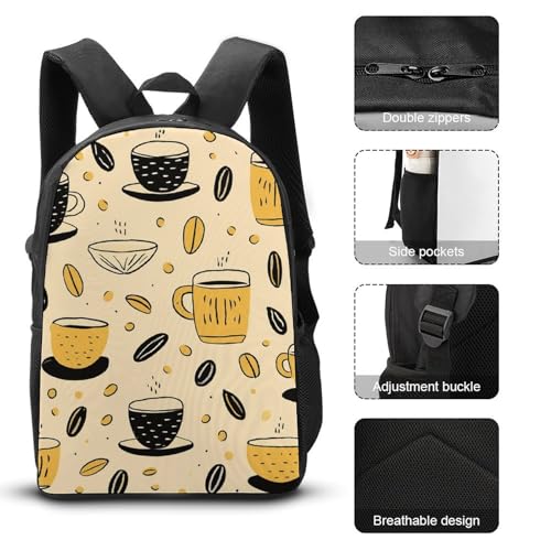 3 Piece Backpack for Women Men Lightweight Causal Daypack Shoulder Bag Set with Insulated Lunch Bag And Pencil Case Organizers Coffee Pattern3