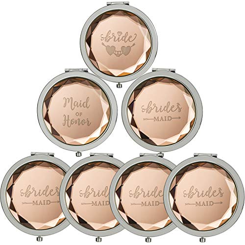 7 Sets Makeup Pocket Compact Mirror, 1 Bride Makeup Mirror 1 Maid of Honor 5 Bridesmaid Makeup Mirrors for Wedding Bridal Shower Bachelorette Party Bridesmaid Proposal Gifts£¨Champagne£