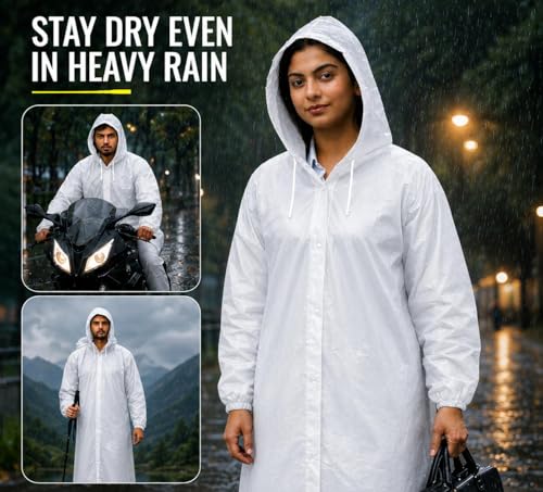 Image of EVA Raincoat for Men & Women, Black, Waterproof, Hooded with Adjustable Drawstrings, Knee Length, Reusable (White)