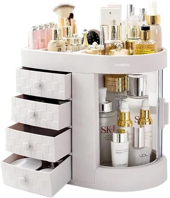 DIAMERS Makeup Organiser With Storage Drawers - High Capacity Cosmetics Organiser For Skincare Products & Accessories - 4 Layer Drawers, Clear Rotating Door - Durable, Waterproof, Dustproof - (White)