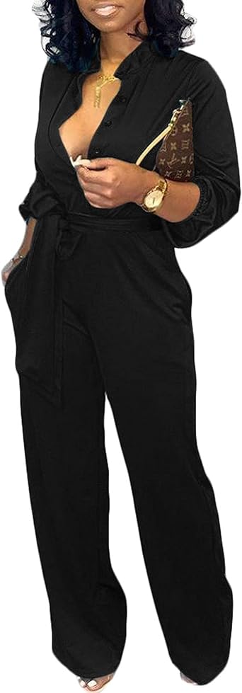 Sexyshine Womens Jumpsuits Long Sleeve Button Down Stand Collar Long Straight Pants Business Party Jumpsuit with Belt