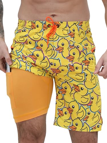 Men's Swim Trunks with Compression Liner Swim Shorts Board Shorts 9 Inch Quick Dry Bathing Suit with Zipper Pockets
